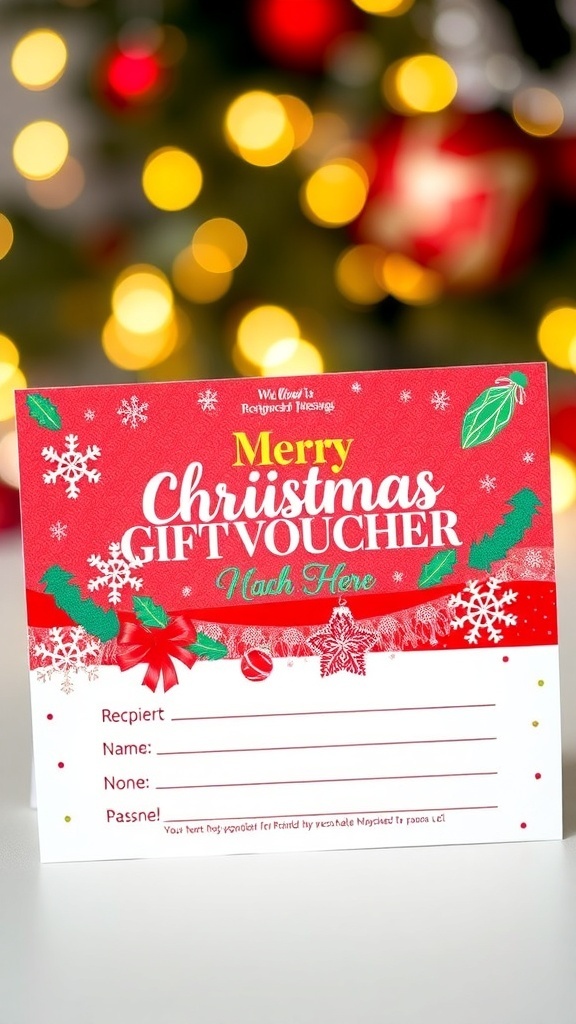 A colorful Christmas gift voucher with festive designs and space for personalization.